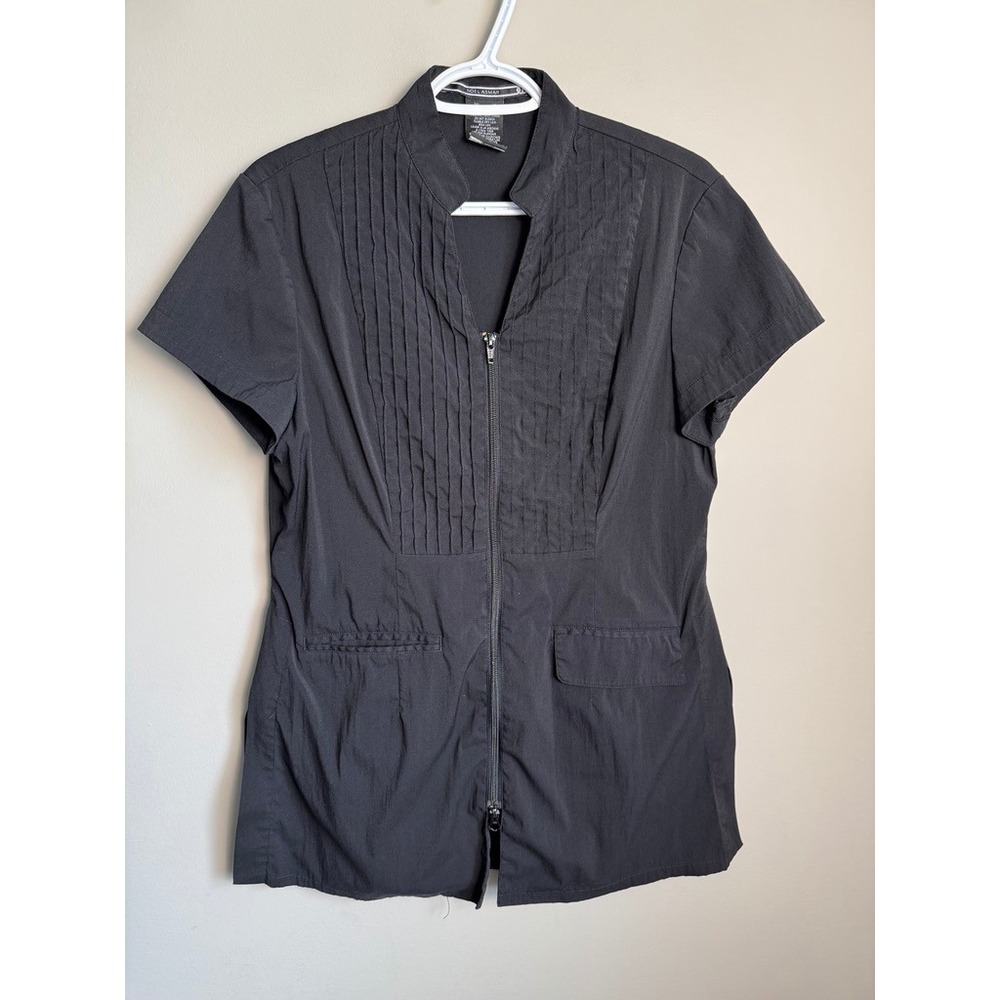Noel Asmar Uniform Spa Tunic Womens M Black Professional Workwear Pleated Zip